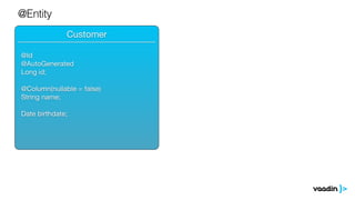 @Entity 
______________________________ 
Customer 
@Id 
@AutoGenerated 
Long id; 
! 
@Column(nullable = false) 
! 
String name; 
! 
Date birthdate; 
 