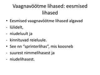Vaagnavöötme lihased: eesmised
                lihased
•   Eesmised vaagnavöötme lihased algavad
-   lülidelt,
-   niudeluult ja
-   kinnituvad reieluule.
•   See nn “sprinterlihas”, mis koosneb
-   suurest nimmelihasest ja
-   niudelihasest.
 