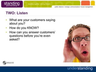 TWO: Listen What are your customers saying about you? How do you KNOW? How can you answer customers’ questions before you’re even asked? 