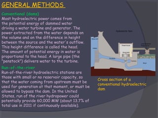 GENERAL METHODS
Conventional (dams)
Most hydroelectric power comes from
the potential energy of dammed water
driving a water turbine and generator. The
power extracted from the water depends on
the volume and on the difference in height
between the source and the water's outflow.
This height difference is called the head.
The amount of potential energy in water is
proportional to the head. A large pipe (the
"penstock") delivers water to the turbine.
Run-of-the-river
Run-of-the-river hydroelectric stations are
those with small or no reservoir capacity, so
that the water coming from upstream must be
used for generation at that moment, or must be
allowed to bypass the dam. In the United
States, run of the river hydropower could
potentially provide 60,000 MW (about 13.7% of
total use in 2011 if continuously available).

Cross section of a
conventional hydroelectric
dam

 