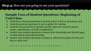 Step 4: How are you going to use your questions? 
Sample Uses of Student Questions: Beginning of 
Unit/Class 
● students as relevant questions to previous day’s work or upcoming work 
● students generate questions to use as guides for reading 
● students use questions to identify specific topics for research papers, 
essays, experiments, and PBL assignments 
● teacher uses student questions to assess prior knowledge and identify gaps 
in information and understanding 
● teacher uses student questions to shape or refine lesson plans for the next 
day or entire unit 
Rothstein, D., & Santana, L. (2011). Make just one change: Teach students to ask their own questions. Cambridge, MA: Harvard Education Press. 
 