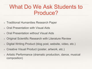 What Do We Ask Students to
Produce?
❖ Traditional Humanities Research Paper
❖ Oral Presentation with Visual Aids
❖ Oral Pr...