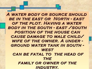 A water body or source should
 be in the east or North - east
  of the plot. Having a water
body in the south - east /south
    position of the house can
  cause damage to male child/
  wife of the owner. A under -
  ground water tank in south -
              west
   can be fatal to the head of
               the
     family or owner of the
            industry.
 