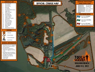OBSTACLE LIST
BASE
AREA
OFFICIAL COURSE MAP
1
3
2
5
4
21
20
19
16
17
18
VIRGINIA BEACH
JUNE 8-9, 2013
AVERAGE PARTICIPANT
TIMES FROM START
SPECTATOR PATHS
= Blue Route (0.5Miles)
Obst. #3 and 7-9
= Green Route (0.6 Miles)
Obst. #2-5
= Red Route (0.2 miles)
Obst. #17 (access to #18-19)
• Obstacle #3 -5 (25- 50 mins)
• Obstacle #7-8 (60-80 mins)
• Obstacles #10-13 (1.5 – 2 hrs)
• Obstacles #14-16 (2 .25 – 2.75 hrs)
• Obstacles #17-19 (2.5 – 3 hrs)
• Obstacles #20-21 (3-3.5 hrs)
• Finish!
LEGEND
= Obstacle
= Course Route
= Course Direction
= Start/Finish
1
1. Kiss of Mud #1
2. Glory Blades
3. Arctic Enema
4. Mud Mile
5. Fire Walker
6. Wounded Warrior Carry
7. Cage Crawl
8. Walk The Plank
9. Log Jammin’
10. Dirty Ballerina
11. Trench Warfare
12. Spider’s Web
13. Underwater Tunnels
14. Electric Eel
15. Boa Constrictor
16. Hold Your Wood
17. Funky Monkey
18. Kiss of Mud #2
19. Berlin Walls
20. Everest
21. Electroshock Therapy
8
9
6
15
14
13
12
11
7
10
• Spectator routes are suggested
areas of the course to watch
the participants
• Spectators are advised to
follow the suggested viewing
route.
• Spectators will not be able to
follow their family and friends
through every obstacle
• Spectators can cross the
course route
• HAVE FUN!!
GENERAL INFORMATION
 