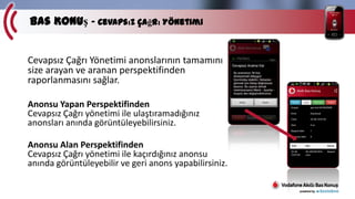 Bas Konuş - Cevapsız Çağrı Yönetimi
Cevapsız Çağrı Yönetimi anonslarının tamamını
size arayan ve aranan perspektifinden
raporlanmasını sağlar.
Anonsu Yapan Perspektifinden
Cevapsız Çağrı yönetimi ile ulaştıramadığınız
anonsları anında görüntüleyebilirsiniz.
Anonsu Alan Perspektifinden
Cevapsız Çağrı yönetimi ile kaçırdığınız anonsu
anında görüntüleyebilir ve geri anons yapabilirsiniz.

 