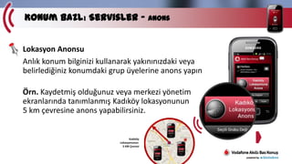 Konum Bazlı Servisler – Anons
Lokasyon Anonsu
Anlık konum bilginizi kullanarak yakınınızdaki veya
belirlediğiniz konumdaki grup üyelerine anons yapın
Örn. Kaydetmiş olduğunuz veya merkezi yönetim
ekranlarında tanımlanmış Kadıköy lokasyonunun
5 km çevresine anons yapabilirsiniz.

Kadıköy
Lokasyonunun
5 KM Çevresi

 