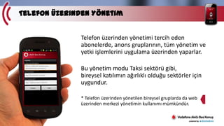 Telefon Üzerinden Yönetim
Telefon üzerinden yönetimi tercih eden
abonelerde, anons gruplarının, tüm yönetim ve
yetki işlemlerini uygulama üzerinden yaparlar.
Bu yönetim modu Taksi sektörü gibi,
bireysel katılımın ağırlıklı olduğu sektörler için
uygundur.
* Telefon üzerinden yönetilen bireysel gruplarda da web
üzerinden merkezi yönetimin kullanımı mümkündür.

 