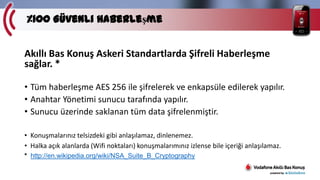 %100 Güvenli Haberleşme
Akıllı Bas Konuş Askeri Standartlarda Şifreli Haberleşme
sağlar. *
• Tüm haberleşme AES 256 ile şifrelerek ve enkapsüle edilerek yapılır.
• Anahtar Yönetimi sunucu tarafında yapılır.
• Sunucu üzerinde saklanan tüm data şifrelenmiştir.
• Konuşmalarınız telsizdeki gibi anlaşılamaz, dinlenemez.
• Halka açık alanlarda (Wifi noktaları) konuşmalarımınız izlense bile içeriği anlaşılamaz.
* http://en.wikipedia.org/wiki/NSA_Suite_B_Cryptography

 