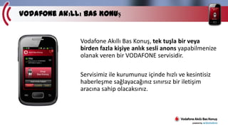 Vodafone Akıllı Bas Konuş

Vodafone Akıllı Bas Konuş, tek tuşla bir veya
birden fazla kişiye anlık sesli anons yapabilmenize
olanak veren bir VODAFONE servisidir.
Servisimiz ile kurumunuz içinde hızlı ve kesintisiz
haberleşme sağlayacağınız sınırsız bir iletişim
aracına sahip olacaksınız.

 