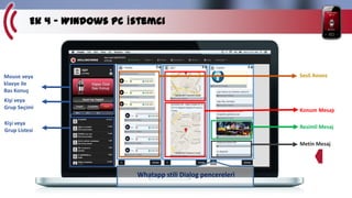 Ek 4 – Windows PC İstemci

Sesli Anons

Mouse veya
klavye ile
Bas Konuş
Kişi veya
Grup Seçimi

Konum Mesajı

Kişi veya
Grup Listesi

Resimli Mesaj
Metin Mesaj

Whatapp stili Dialog pencereleri

 