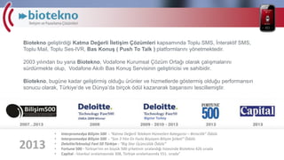 Biotekno geliştirdiği Katma Değerli İletişim Çözümleri kapsamında Toplu SMS, İnteraktif
SMS, Toplu Mail, Toplu Ses-IVR, Bas Konuş ( Push To Talk ) platformlarını yönetmektedir.
2003 yılından bu yana Biotekno, Vodafone Kurumsal Çözüm Ortağı olarak çalışmalarını
sürdürmekte olup, Vodafone Akıllı Bas Konuş Servisinin geliştiricisi ve sahibidir.
Biotekno, bugüne kadar geliştirmiş olduğu ürünler ve hizmetlerde göstermiş olduğu performansın
sonucu olarak, Türkiye’de ve Dünya’da birçok ödül kazanarak başarısını tescillemiştir.

2013

•
•
•
•
•

Interpromedya Bilişim 500 - “Katma Değerli Telekom Hizmetleri Kategorisi – Birincilik” Ödülü
Interpromedya Bilişim 500 - “Son 3 Yılın En Fazla Büyüyen Bilişim Şirketi” Ödülü
DeloitteTeknoloji Fast 50 Türkiye - “Big Star Üçüncülük Ödülü“
Fortune 500 - Türkiye’nin en büyük 500 şirketinin sıralandığı listesinde Biotekno 426 sırada
Capital - İstanbul sıralamasında 308, Türkiye sıralamasında 551. sırada”

 