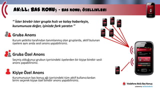 Akıllı Bas Konuş – Bas Konuş Özellikleri
’’ İster birebir ister grupla hızlı ve kolay
haberleşin, kurumunuza değer, işinizde fark yaratın ’’

Gruba Anons
Kurum yetkilisi tarafından tanımlanmış olan gruplarda, aktif bulunan
üyelere aynı anda sesli anons yapabilirsiniz.

Gruba Özel Anons
Seçmiş olduğunuz grubun içerisindeki üyelerden bir kişiye birebir sesli
anons yapabilirsiniz.

Kişiye Özel Anons
Kurumunuzun bas konuş ağı içerisindeki tüm aktif kullanıcılardan
birini seçerek kişiye özel birebir anons yapabilirsiniz.

 