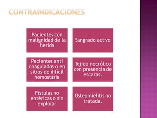 Pacientes con
malignidad de la
herida
Sangrado activo
Pacientes anti
coagulados o en
sitios de difícil
hemostasia
Tejido necrótico
con presencia de
escaras.
Fístulas no
entéricas o sin
explorar
Osteomielitis no
tratada.
 