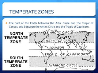 TEMPERATE ZONES
 The part of the Earth between the Artic Circle and the Tropic of
Cancer, and between the Antirc Circle and theTropic of Capricorn.
 