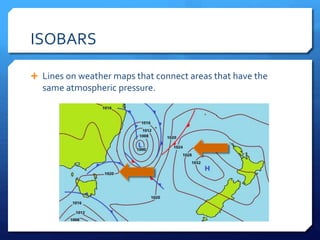ISOBARS
 Lines on weather maps that connect areas that have the
same atmospheric pressure.
 
