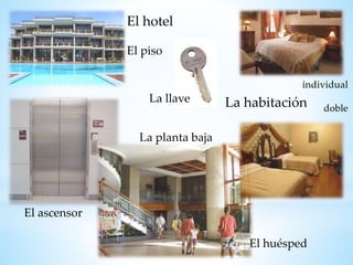 El hotel
El piso
individual
dobleLa habitación
El ascensor
La planta baja
La llave
El huésped
 