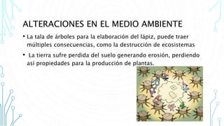 ALTERACIONES EN EL MEDIO AMBIENTE
• La tala de árboles para la elaboración del lápiz, puede traer
múltiples consecuencias, como la destrucción de ecosistemas
• La tierra sufre perdida del suelo generando erosión, perdiendo
así propiedades para la producción de plantas.
 