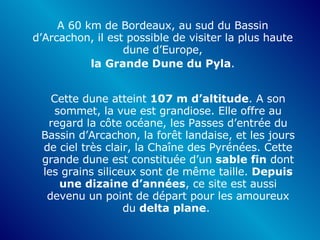 A 60 km de Bordeaux, au sud du Bassin d’Arcachon, il est possible de visiter la plus haute dune d’Europe,   la   Grande Dune du Pyla .   Cette dune atteint  107 m d’altitude . A son sommet, la vue est grandiose. Elle offre au regard la côte océane, les Passes d’entrée du Bassin d’Arcachon, la forêt landaise, et les jours de ciel très clair, la Chaîne des Pyrénées. Cette grande dune est constituée d’un  sable fin  dont les grains siliceux sont de même taille.  Depuis une dizaine d’années , ce site est aussi devenu un point de départ pour les amoureux du  delta plane .  