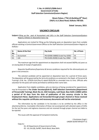 F. No. A-12023/1/2006-Estt.II
                                      Government of India
                          Staff Selection Commission(Eastern Region)

                                                      Nizam Palace, 1stM.S.O.Building (8th floor)
                                                   234/4, A.J.C.Bose Road, Kolkata-700 020.

                                                                              Dated January, 2013.

                                      VACANCY CIRCULAR

Subject:-Filling up the post of Accountant and LDCs in the Staff Selection Commission(Eastern
        Region), Kolkata on deputation basis-reg.

          Applications are invited for filling up the following posts on deputation basis from suitable
officials working in Central Government Offices to the Staff Selection Commission(Eastern Region) at
Kolkata:-

Sl.    Name of the Post                     Pay Scale                                No. of Posts
No.
01.    Accountant                           PB-II(9300-34800) Grade Pay 4200/-       01
02.    LDC                                  PB-I(5200-20200) Grade Pay 1900/-        03

        The maximum age limit for appointment on deputation shall not exceed 56(fifty six) years as
on closing date of receipt of application.

        Requisite Qualifications/Experience & Service conditions required for the aforesaid posts are
given in the annexure:-

        The selected candidate will be appointed on deputation basis for a period of three years.
The deputation will be governed by the terms & conditions as contained in the Deptt. of Personnel &
Training’s O.M. No. 2/29/91-Estt.(Pay-II) dated 05/01/94 as amended time to time. Officials who
volunteer for the posts will not be permitted to withdraw their name later.

       Application from eligible candidates, who are desirous of being considered for appointment,
may be forwarded to The Under Secretary(Estt-II), Staff Selection Commission,(Department
of Personnel& Training), Block No.12, CGO Complex, Lodi Road, New Delhi-110003 within
a period of 45 days from the date of publication of this vacancy circular in the
Employment News. Applications not forwarded through proper channel or those received
without the requisite certificates and necessary documents will not be entertained.

         The information by the candidate in his bio-data is to be certified by the office in the
attached proforma. Incomplete information of those not accompanied with attested copies of ACRs
for the last five years and vigilance clearance and not received through proper channel are liable to
be rejected.

        This issues with the approval of Competent Authority.

                                                                                 ( Parshotam Singh )
                                                                           UNDER SECRETARY(ESTT.II)
        Copy to:-
                01. All Department of Government of India.
                02. US, Estt.(B), DoP&T, North Block, New Delhi.
 