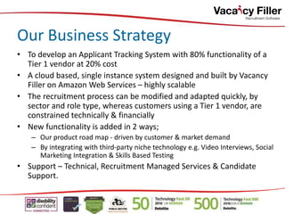 Our Business Strategy
• To develop an Applicant Tracking System with 80% functionality of a
Tier 1 vendor at 20% cost
• A cloud based, single instance system designed and built by Vacancy
Filler on Amazon Web Services – highly scalable
• The recruitment process can be modified and adapted quickly, by
sector and role type, whereas customers using a Tier 1 vendor, are
constrained technically & financially
• New functionality is added in 2 ways;
– Our product road map - driven by customer & market demand
– By integrating with third-party niche technology e.g. Video Interviews, Social
Marketing Integration & Skills Based Testing
• Support – Technical, Recruitment Managed Services & Candidate
Support.
 