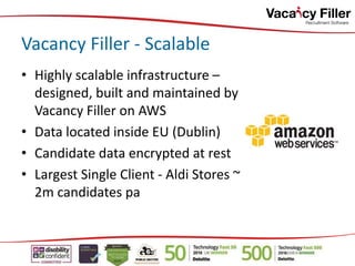 • Highly scalable infrastructure –
designed, built and maintained by
Vacancy Filler on AWS
• Data located inside EU (Dublin)
• Candidate data encrypted at rest
• Largest Single Client - Aldi Stores ~
2m candidates pa
Vacancy Filler - Scalable
 