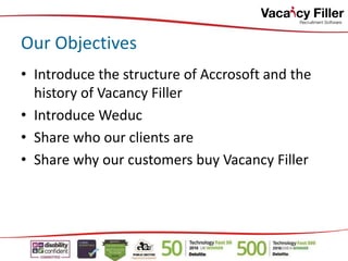 • Introduce the structure of Accrosoft and the
history of Vacancy Filler
• Introduce Weduc
• Share who our clients are
• Share why our customers buy Vacancy Filler
Our Objectives
 