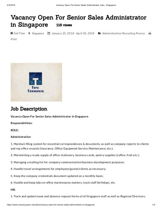 Vacancy Open For Senior Sales Administrator Jobs Singapore