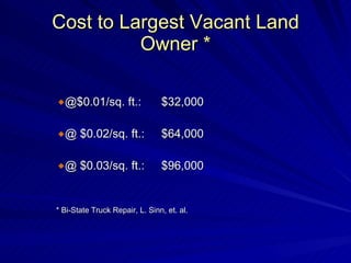 Cost to Largest Vacant Land Owner * @$0.01/sq. ft.: $32,000 @ $0.02/sq. ft.: $64,000 @ $0.03/sq. ft.: $96,000 * Bi-State Truck Repair, L. Sinn, et. al. 