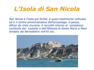 L’Isola di San Nicola
San Nicola è l’isola più fertile, è quasi totalmente coltivata
ed è il centro amministrativo dell’arcipelago. Il paese,
difeso da cinta muraria, è raccolto intorno al complesso
costituito dal Castello e dall’Abbazia di Santa Maria a Mare
fondata dai Benedettini nell’XI sec.
 