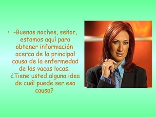 -Buenas noches, señor, estamos aquí para obtener información  acerca de la principal causa de la enfermedad de las vacas locas.  ¿Tiene usted alguna idea de cuál puede ser esa causa?  