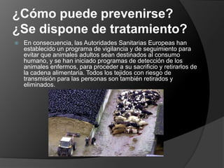 ¿Cómo puede prevenirse? ¿Se dispone de tratamiento?En consecuencia, las Autoridades Sanitarias Europeas han establecido un programa de vigilancia y de seguimiento para evitar que animales adultos sean destinados al consumo humano, y se han iniciado programas de detección de los animales enfermos, para proceder a su sacrificio y retirarlos de la cadena alimentaria. Todos los tejidos con riesgo de transmisión para las personas son también retirados y eliminados.