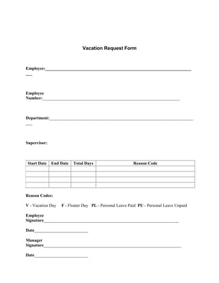 Vacation Request Form<br /> <br />Employee:_______________________________________________________________________<br /> <br />Employee Number:________________________________________________________________<br /> <br />Department:______________________________________________________________________<br /> <br />Supervisor:<br /> <br />Start DateEnd DateTotal DaysReason Code                <br />Reason Codes:<br />V - Vacation Day     F - Floater Day   PL - Personal Leave Paid  PU - Personal Leave Unpaid<br />Employee Signature_______________________________________________________________<br />Date_________________________<br />Manager Signature________________________________________________________________<br />Date_________________________<br /> <br /> <br />
