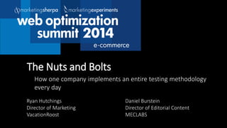 How one company implements an entire testing methodology
every day
The Nuts and Bolts
Ryan Hutchings
Director of Marketing
VacationRoost
Daniel Burstein
Director of Editorial Content
MECLABS
 