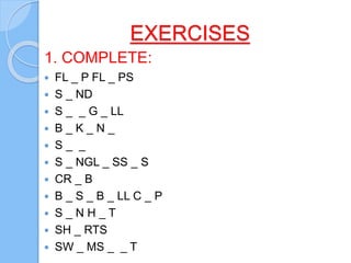 EXERCISES
FL _ P FL _ PS
S _ ND
S _ _ G _ LL
B _ K _ N _
S _ _
S _ NGL _ SS _ S
CR _ B
B _ S _ B _ LL C _ P
S _ N H _ T
SH _ RTS
SW _ MS _ _ T
1. COMPLETE: