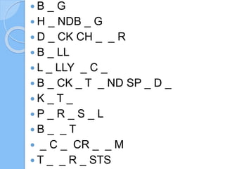 B _ G
H _ NDB _ G
D _ CK CH _ _ R
B _ LL
L _ LLY _ C _
B _ CK _ T _ ND SP _ D _
K _ T _
P _ R _ S _ L
B _ _ T
_ C _ CR _ _ M
T _ _ R _ STS