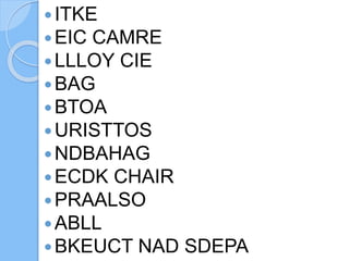 ITKE
EIC CAMRE
LLLOY CIE
BAG
BTOA
URISTTOS
NDBAHAG
ECDK CHAIR
PRAALSO
ABLL
BKEUCT NAD SDEPA