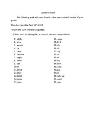 Vacations Work
The following work will count like the online exam and will be 40% of your
grade.
Due date: Monday, April 16th
, 2012
*Study and learn the following verbs.
* 5 times each verb (irregular) in present, pastand past participle.
1. abide
2. arise
3. awake
4. be
5. beat
6. become
7. begin
8. bend
9. bet
10.bit
11.bleed
12.blow
13.break
14.breed
15.bring
16.sweep
17.drink
18.ride
19.fall
20.sing
21.set
22.eat
23.buy
24.meet
25.know
26.give
27.tell
28.wake-up
29.shoot
30.sleep
 