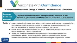 22
A component of the National Strategy to Reinforce Confidence in COVID-19 Vaccines
Tactics  Engage national professional associations, health systems, and healthcare personnel often
and early to ensure a clear understanding of the vaccine development and approval
process, new vaccine technologies, and the benefits of vaccination.
 Ensure healthcare systems and medical practices are equipped to create a culture that
builds confidence in COVID-19 vaccination.
 Strengthen the capacity of healthcare professionals to have empathetic vaccine
conversations, address myths and common questions, provide tailored vaccine
information to patients, and use motivational interviewing techniques when needed.
 