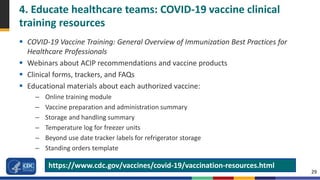 29
4. Educate healthcare teams: COVID-19 vaccine clinical
training resources
 COVID-19 Vaccine Training: General Overview of Immunization Best Practices for
Healthcare Professionals
 Webinars about ACIP recommendations and vaccine products
 Clinical forms, trackers, and FAQs
 Educational materials about each authorized vaccine:
– Online training module
– Vaccine preparation and administration summary
– Storage and handling summary
– Temperature log for freezer units
– Beyond use date tracker labels for refrigerator storage
– Standing orders template
https://www.cdc.gov/vaccines/covid-19/vaccination-resources.html
 