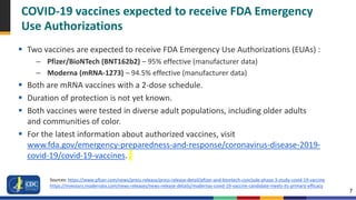 7
COVID-19 vaccines expected to receive FDA Emergency
Use Authorizations
 Two vaccines are expected to receive FDA Emergency Use Authorizations (EUAs) :
– Pfizer/BioNTech (BNT162b2) – 95% effective (manufacturer data)
– Moderna (mRNA-1273) – 94.5% effective (manufacturer data)
 Both are mRNA vaccines with a 2-dose schedule.
 Duration of protection is not yet known.
 Both vaccines were tested in diverse adult populations, including older adults
and communities of color.
 For the latest information about authorized vaccines, visit
www.fda.gov/emergency-preparedness-and-response/coronavirus-disease-2019-
covid-19/covid-19-vaccines.
Sources: https://www.pfizer.com/news/press-release/press-release-detail/pfizer-and-biontech-conclude-phase-3-study-covid-19-vaccine
https://investors.modernatx.com/news-releases/news-release-details/modernas-covid-19-vaccine-candidate-meets-its-primary-efficacy
 