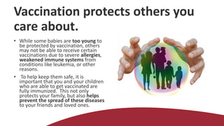 Vaccination protects others you
care about.
• While some babies are too young to
be protected by vaccination, others
may not be able to receive certain
vaccinations due to severe allergies,
weakened immune systems from
conditions like leukemia, or other
reasons.
• To help keep them safe, it is
important that you and your children
who are able to get vaccinated are
fully immunized. This not only
protects your family, but also helps
prevent the spread of these diseases
to your friends and loved ones.
 