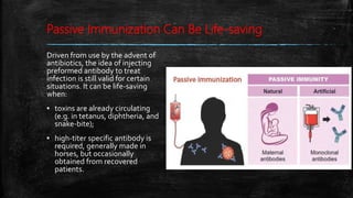 Passive Immunization Can Be Life-saving
Driven from use by the advent of
antibiotics, the idea of injecting
preformed antibody to treat
infection is still valid for certain
situations. It can be life-saving
when:
▪ toxins are already circulating
(e.g. in tetanus, diphtheria, and
snake-bite);
▪ high-titer specific antibody is
required, generally made in
horses, but occasionally
obtained from recovered
patients.
 