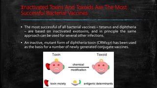 Inactivated Toxins And Toxoids Are The Most
Successful Bacterial Vaccines
▪ The most successful of all bacterial vaccines – tetanus and diphtheria
– are based on inactivated exotoxins, and in principle the same
approach can be used for several other infections.
▪ An inactive, mutant form of diphtheria toxin (CRM197) has been used
as the basis for a number of newly generated conjugate vaccines.
 
