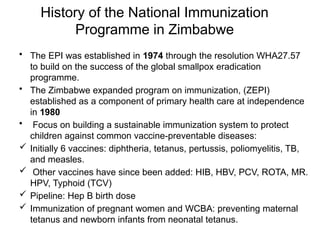 History of the National Immunization
Programme in Zimbabwe
• The EPI was established in 1974 through the resolution WHA27.57
to build on the success of the global smallpox eradication
programme.
• The Zimbabwe expanded program on immunization, (ZEPI)
established as a component of primary health care at independence
in 1980
• Focus on building a sustainable immunization system to protect
children against common vaccine-preventable diseases:
 Initially 6 vaccines: diphtheria, tetanus, pertussis, poliomyelitis, TB,
and measles.
 Other vaccines have since been added: HIB, HBV, PCV, ROTA, MR.
HPV, Typhoid (TCV)
 Pipeline: Hep B birth dose
 Immunization of pregnant women and WCBA: preventing maternal
tetanus and newborn infants from neonatal tetanus.
 
