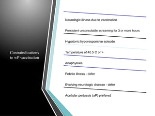 Contraindications
to wP vaccination
Neurologic illness due to vaccination
Persistent unconsolable screaming for 3 or more hours
Hypotonic hyporesponsive episode
Temperature of 40.5 C or >
Anaphylaxis
Febrile illness - defer
Evolving neurologic disease - defer
Acellular pertussis (aP) prefered
 