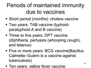 Periods of maintained immunity 
due to vaccines 
 Short period (months): cholera vaccine 
 Two years: TAB vaccine (typhoid-paratyphoid 
A and B vaccine) 
 Three to five years: DPT vaccine 
(diphtheria, pertussis (whooping cough), 
and tetanus) 
 Five or more years: BCG vaccine(Bacillus 
Calmette–Guérin is a vaccine against 
tuberculosis) 
 Ten years: yellow fever vaccine 
14 
 