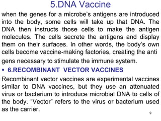 5.DNA Vaccine 
when the genes for a microbe’s antigens are introduced 
into the body, some cells will take up that DNA. The 
DNA then instructs those cells to make the antigen 
molecules. The cells secrete the antigens and display 
them on their surfaces. In other words, the body’s own 
cells become vaccine-making factories, creating the anti 
gens necessary to stimulate the immune system. 
 6.RECOMBINANT VECTOR VACCINES 
Recombinant vector vaccines are experimental vaccines 
similar to DNA vaccines, but they use an attenuated 
virus or bacterium to introduce microbial DNA to cells of 
the body. “Vector” refers to the virus or bacterium used 
as the carrier. 
9 
 