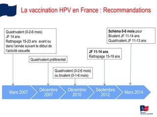 La vaccination HPV en France : Recommandations
Quadrivalent (0-2-6 mois)
JF 14 ans
Rattrapage 15-23 ans avant ou
dans l’an...