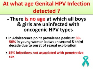 At what age Genital HPV Infection
detected ?
• There is no age at which all boys
& girls are uninfected with
oncogenic HPV...