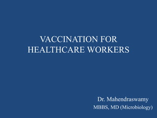 VACCINATION FOR
HEALTHCARE WORKERS
Dr. Mahendraswamy
MBBS, MD (Microbiology)
 